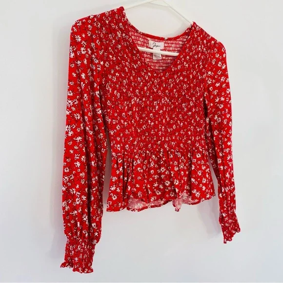 EUC Women Floral Shirred V Neck Crop Top Long Sleeve Red XS - Picture 4 of 8